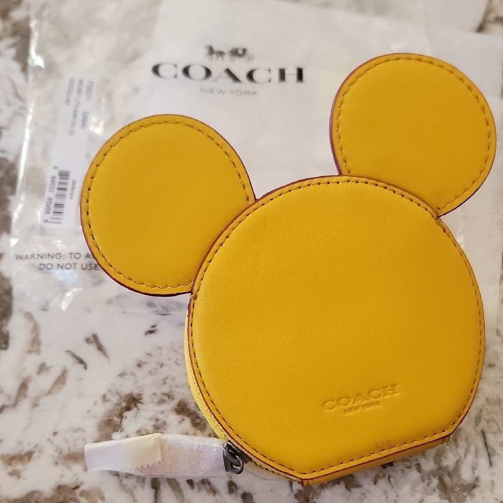 Coach X Disney Yellow Leather Mickey Ear Silhouette Coin Pouch
